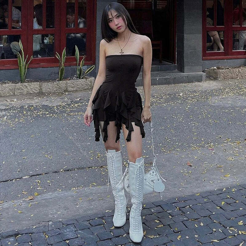 Sheily Strapless Ruffle Dress - Y2K Summer, 90s Fashion, Grunge, Retro, Pastel Goth Outfits