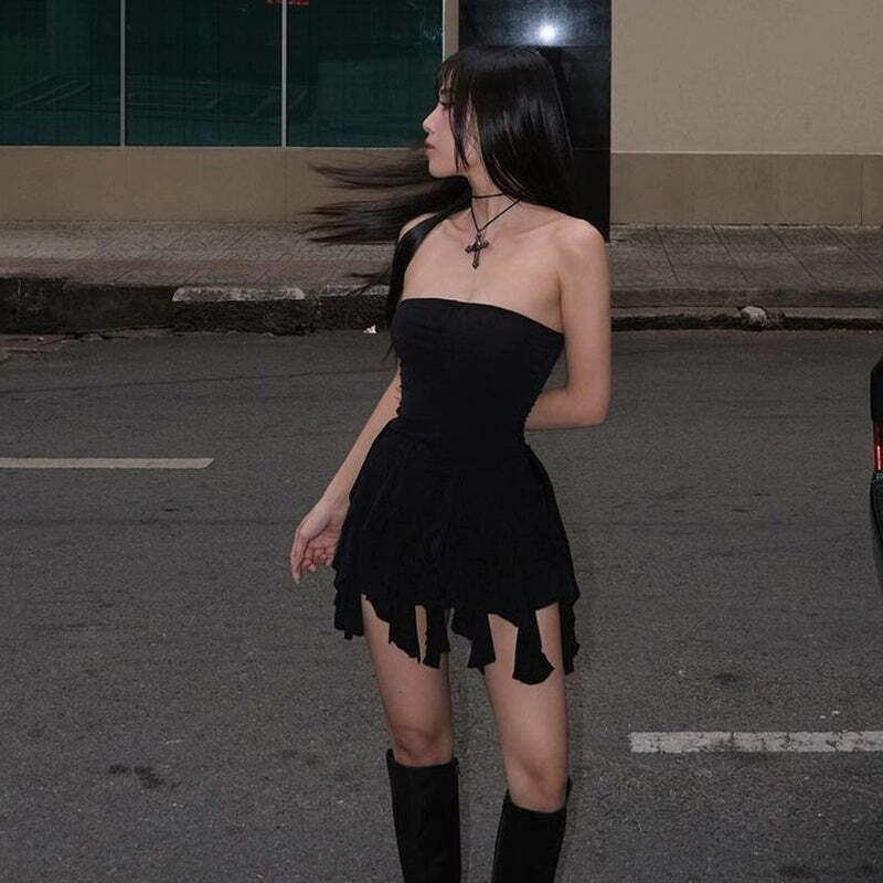 Sheily Strapless Ruffle Dress - Y2K Summer, 90s Fashion, Grunge, Retro, Pastel Goth Outfits