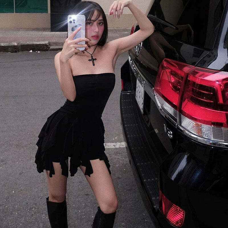Sheily Strapless Ruffle Dress - Y2K Summer, 90s Fashion, Grunge, Retro, Pastel Goth Outfits