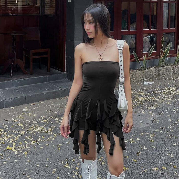 Sheily Strapless Ruffle Dress - Y2K Summer, 90s Fashion, Grunge, Retro, Pastel Goth Outfits