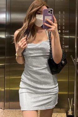 Silver Glitter Dress - Y2K Summer Party Outfit, 90s Grunge Fashion, Retro Y2K Club Style