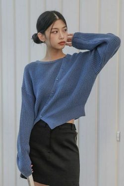 SIMPLY MOOD � Y2K Diagonal-Button Rib Sweater, 90s Grunge, Retro Summer Outfit