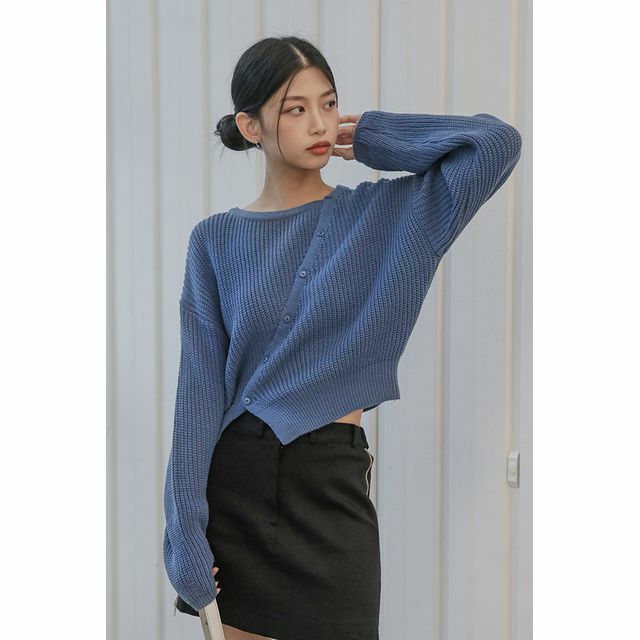 SIMPLY MOOD � Y2K Diagonal-Button Rib Sweater, 90s Grunge, Retro Summer Outfit