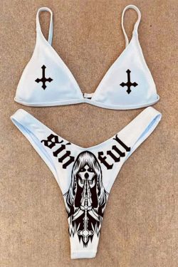 Sinful Gothic Death Bikini Set - Y2K Summer Grunge Outfit, 90s Retro Style, Pastel Goth Fashion