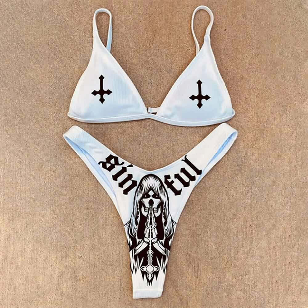 Sinful Gothic Death Bikini Set - Y2K Summer Grunge Outfit, 90s Retro Style, Pastel Goth Fashion