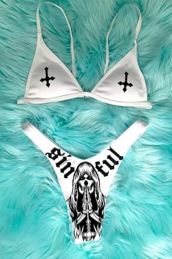 Sinful Gothic Death Bikini Set - Y2K Summer Grunge Outfit, 90s Retro Style, Pastel Goth Fashion