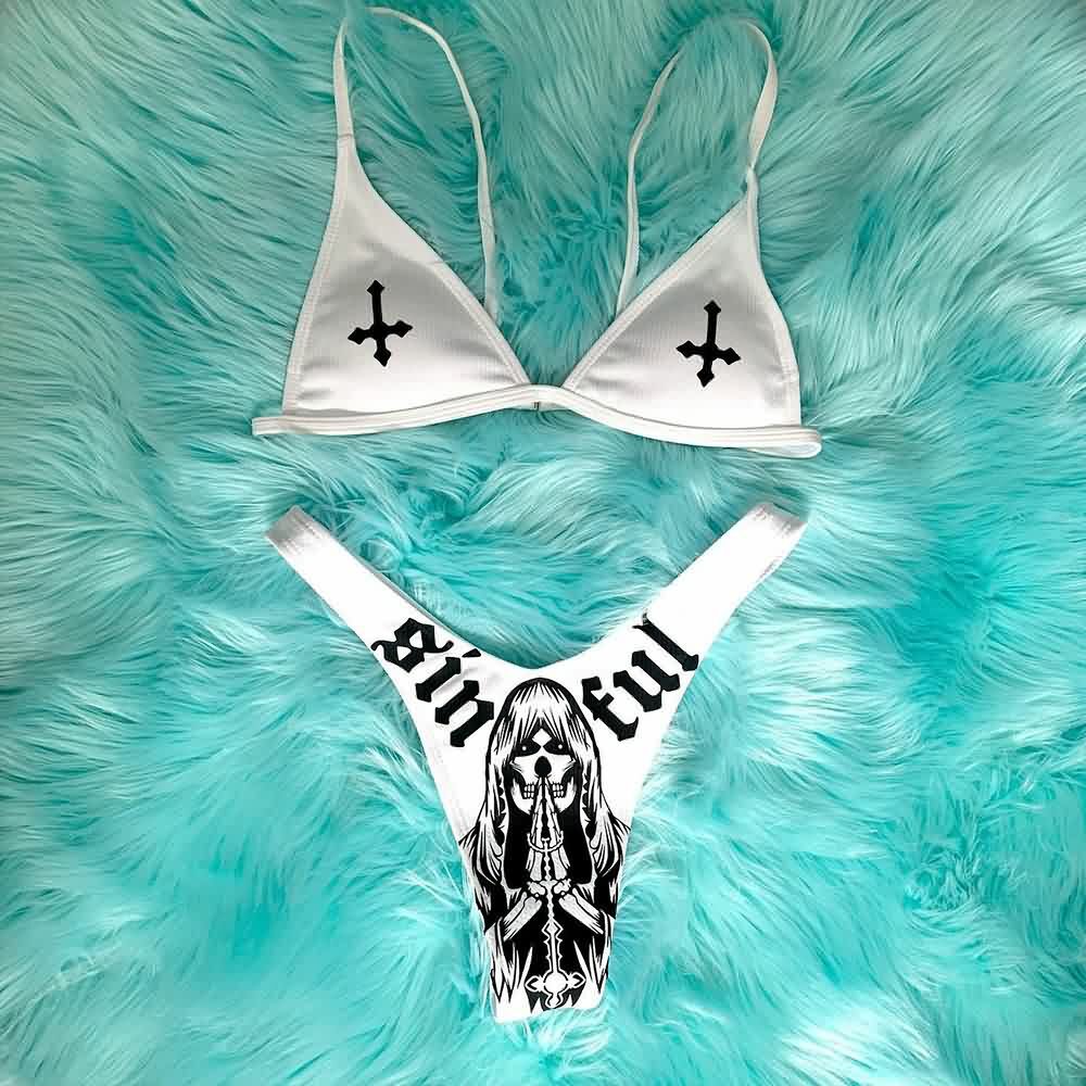 Sinful Gothic Death Bikini Set - Y2K Summer Grunge Outfit, 90s Retro Style, Pastel Goth Fashion