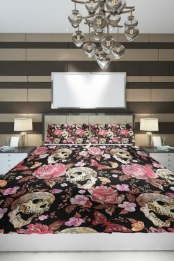 Skull Flower Embroidery Duvet Cover Set - Y2K Grunge, 90s Retro, Gothic Pastel Goth Bedding