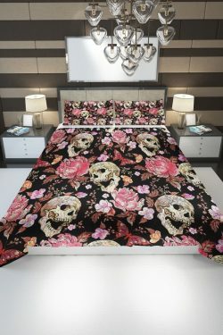 Skull Flower Embroidery Duvet Cover Set - Y2K Grunge, 90s Retro, Gothic Pastel Goth Bedding