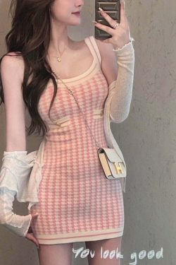 Soft Girl Pink Houndstooth Mini Knitted Dress - Y2K Summer, 90s Fashion, Grunge, Retro Style