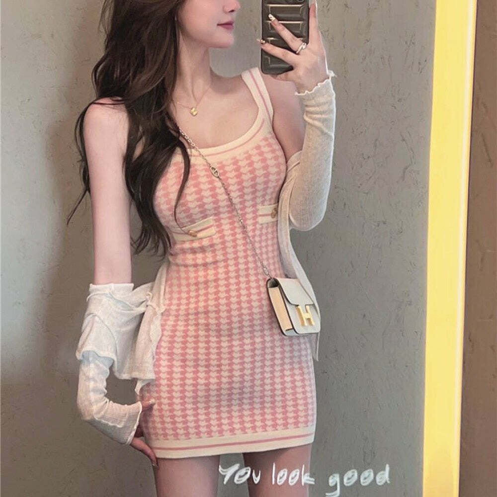 Soft Girl Pink Houndstooth Mini Knitted Dress - Y2K Summer, 90s Fashion, Grunge, Retro Style