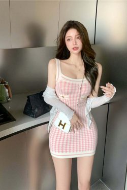 Soft Girl Pink Houndstooth Mini Knitted Dress - Y2K Summer, 90s Fashion, Grunge, Retro Style