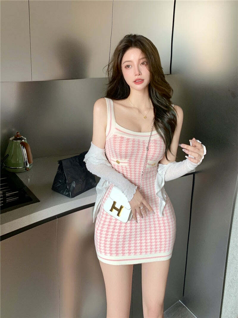 Soft Girl Pink Houndstooth Mini Knitted Dress - Y2K Summer, 90s Fashion, Grunge, Retro Style