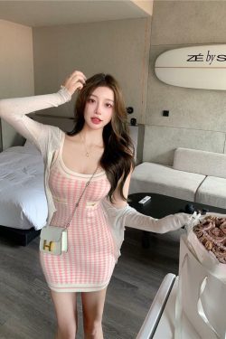 Soft Girl Pink Houndstooth Mini Knitted Dress - Y2K Summer, 90s Fashion, Grunge, Retro Style