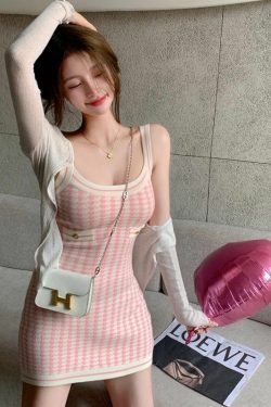 Soft Girl Pink Houndstooth Mini Knitted Dress - Y2K Summer, 90s Fashion, Grunge, Retro Style