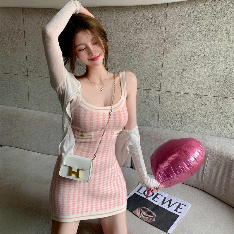 Soft Girl Pink Houndstooth Mini Knitted Dress - Y2K Summer, 90s Fashion, Grunge, Retro Style