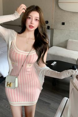 Soft Girl Pink Houndstooth Mini Knitted Dress - Y2K Summer, 90s Fashion, Grunge, Retro Style