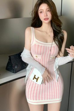 Soft Girl Pink Houndstooth Mini Knitted Dress - Y2K Summer, 90s Fashion, Grunge, Retro Style