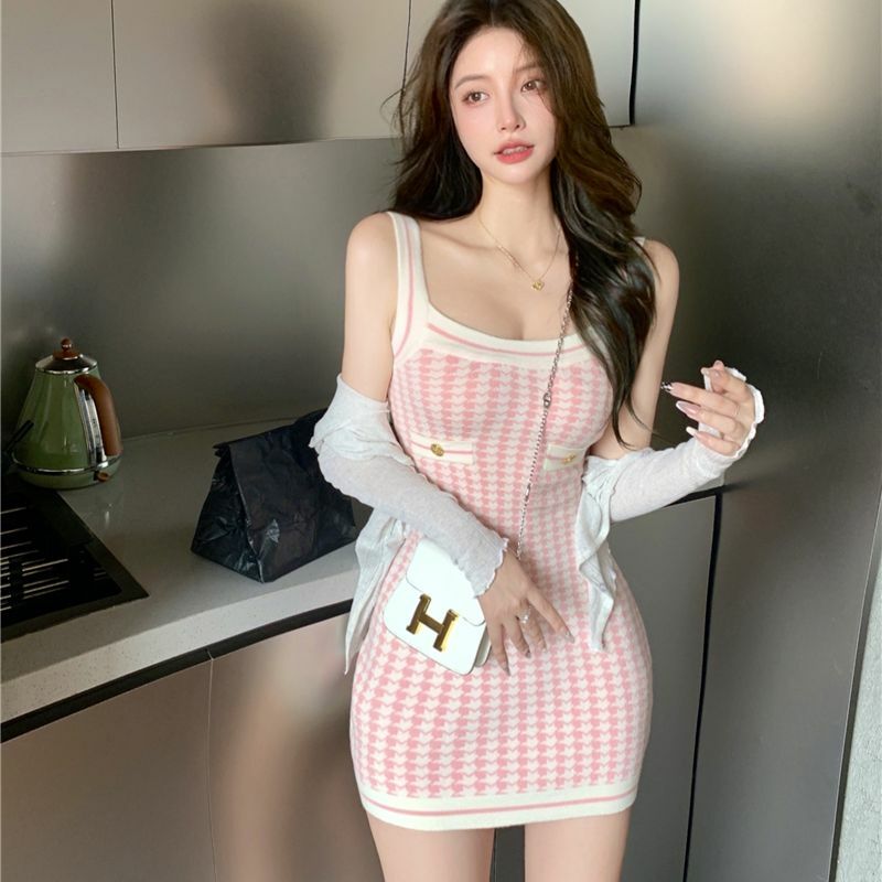 Soft Girl Pink Houndstooth Mini Knitted Dress - Y2K Summer, 90s Fashion, Grunge, Retro Style