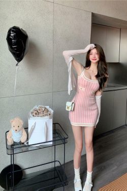 Soft Girl Pink Houndstooth Mini Knitted Dress - Y2K Summer, 90s Fashion, Grunge, Retro Style