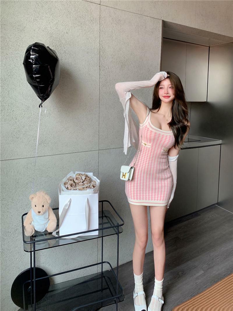Soft Girl Pink Houndstooth Mini Knitted Dress - Y2K Summer, 90s Fashion, Grunge, Retro Style
