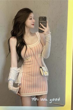 Soft Girl Pink Houndstooth Mini Knitted Dress - Y2K Summer, 90s Fashion, Grunge, Retro Style