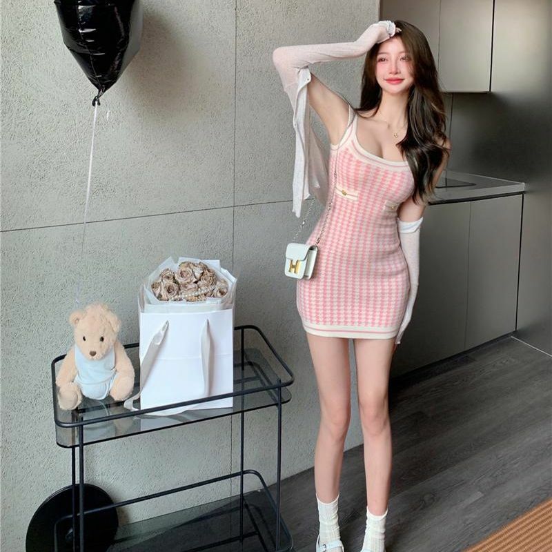 Soft Girl Pink Houndstooth Mini Knitted Dress - Y2K Summer, 90s Fashion, Grunge, Retro Style