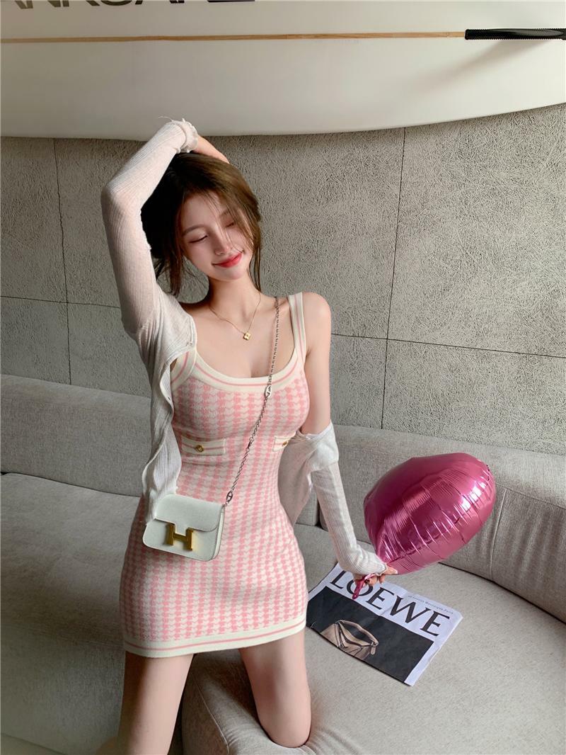 Soft Girl Pink Houndstooth Mini Knitted Dress - Y2K Summer, 90s Fashion, Grunge, Retro Style