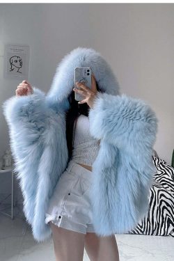 Soft Girl Y2K Faux Fur Jacket Blue - Retro 90s Grunge, Summer Y2K Outfits, Pastel Goth Style