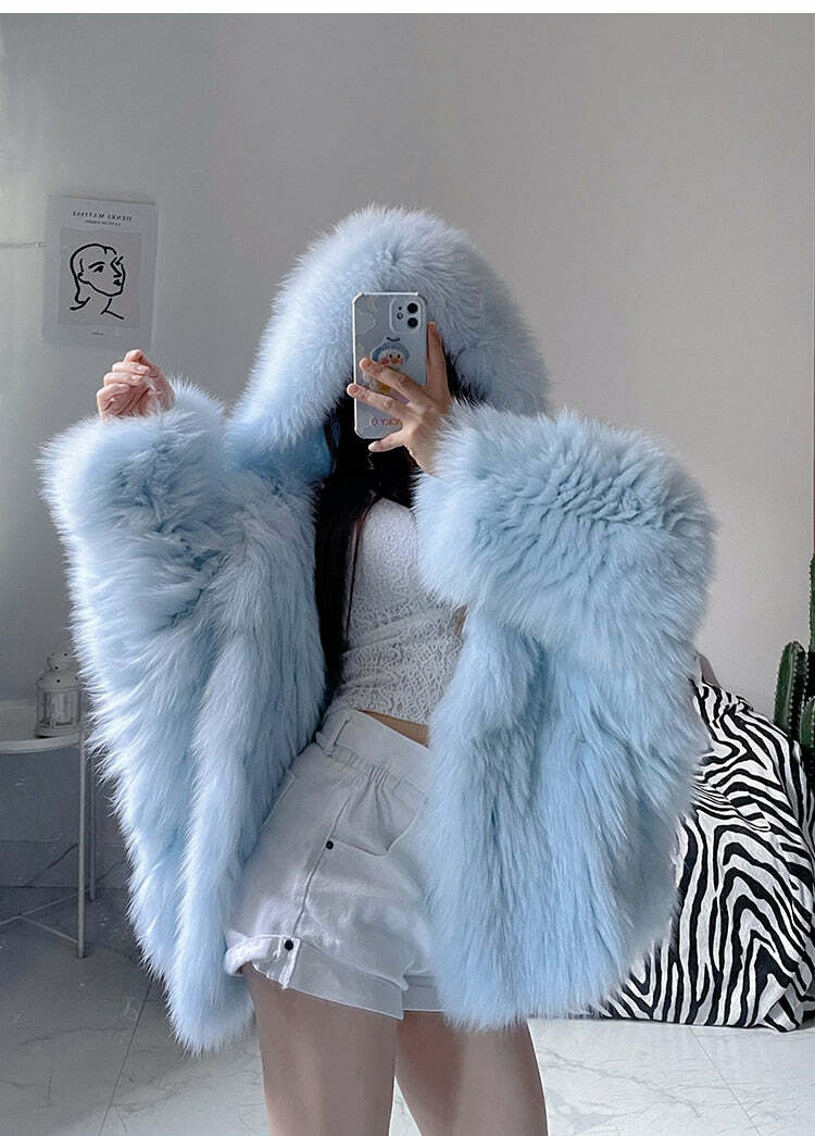 Soft Girl Y2K Faux Fur Jacket Blue - Retro 90s Grunge, Summer Y2K Outfits, Pastel Goth Style