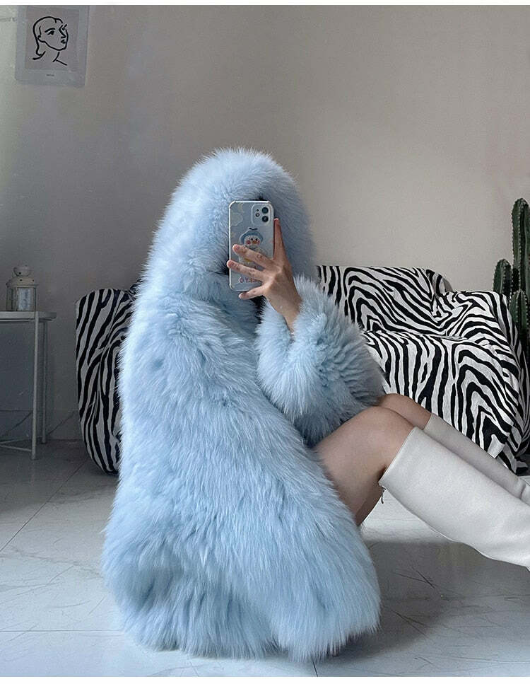 Soft Girl Y2K Faux Fur Jacket Blue - Retro 90s Grunge, Summer Y2K Outfits, Pastel Goth Style