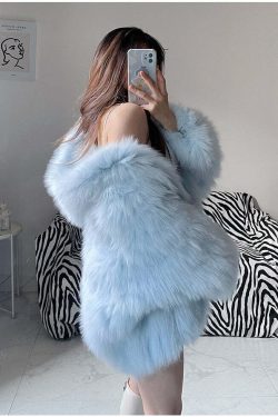 Soft Girl Y2K Faux Fur Jacket Blue - Retro 90s Grunge, Summer Y2K Outfits, Pastel Goth Style
