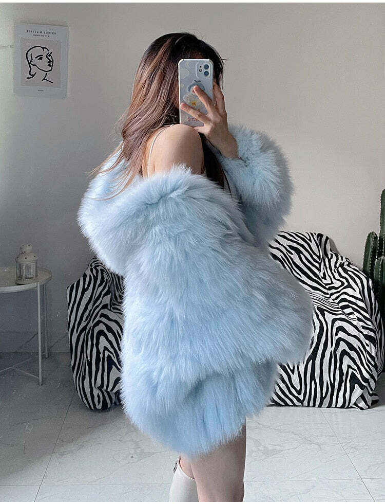 Soft Girl Y2K Faux Fur Jacket Blue - Retro 90s Grunge, Summer Y2K Outfits, Pastel Goth Style
