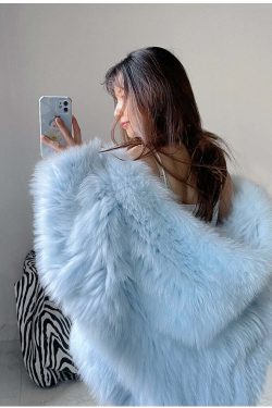 Soft Girl Y2K Faux Fur Jacket Blue - Retro 90s Grunge, Summer Y2K Outfits, Pastel Goth Style