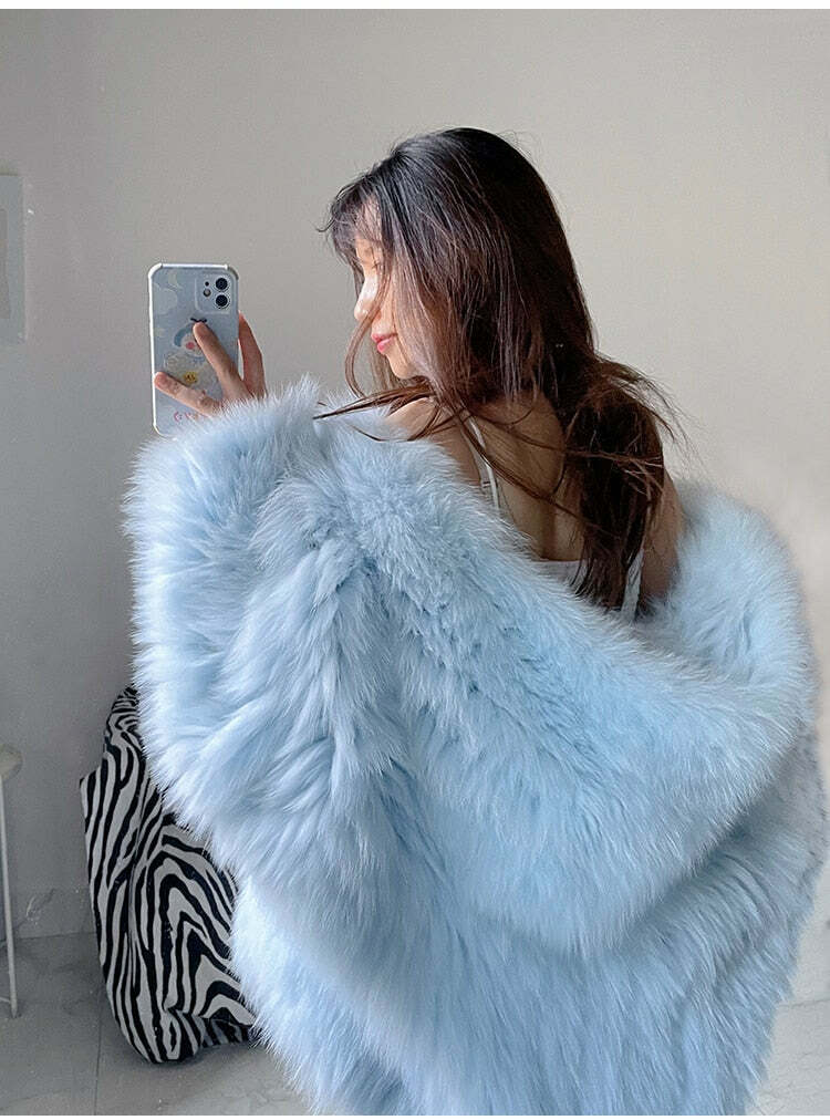 Soft Girl Y2K Faux Fur Jacket Blue - Retro 90s Grunge, Summer Y2K Outfits, Pastel Goth Style