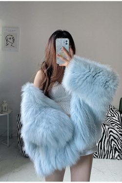 Soft Girl Y2K Faux Fur Jacket Blue - Retro 90s Grunge, Summer Y2K Outfits, Pastel Goth Style