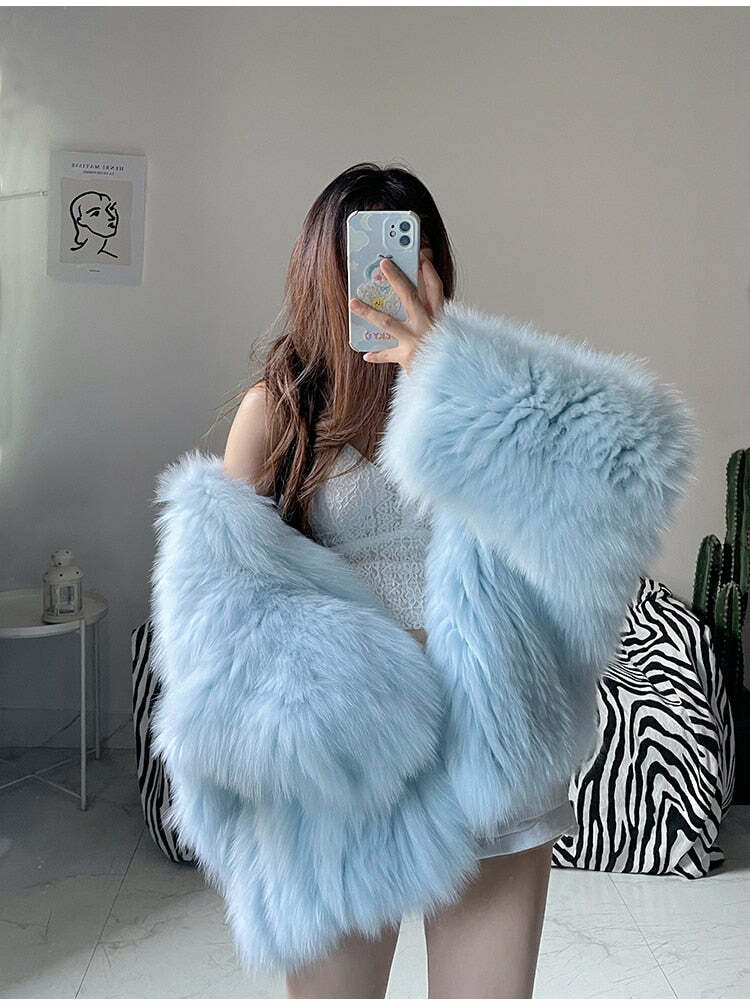 Soft Girl Y2K Faux Fur Jacket Blue - Retro 90s Grunge, Summer Y2K Outfits, Pastel Goth Style