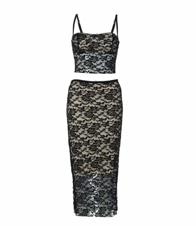 Solveig Lace Skirt Set - Y2K Summer Grunge Outfit, 90s Fashion, Retro Style, Pastel Goth Vibes
