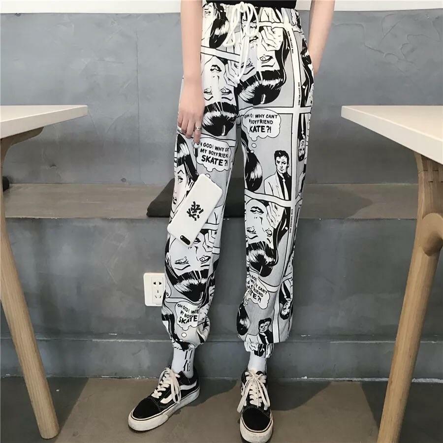 SOURPUFF Y2K Comic Style Pants - Retro 90s Grunge, Summer Outfits, Y2K Fashion Essentials