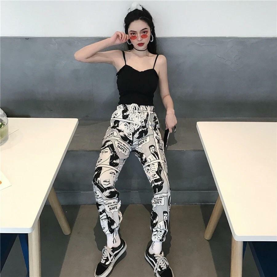 SOURPUFF Y2K Comic Style Pants - Retro 90s Grunge, Summer Outfits, Y2K Fashion Essentials