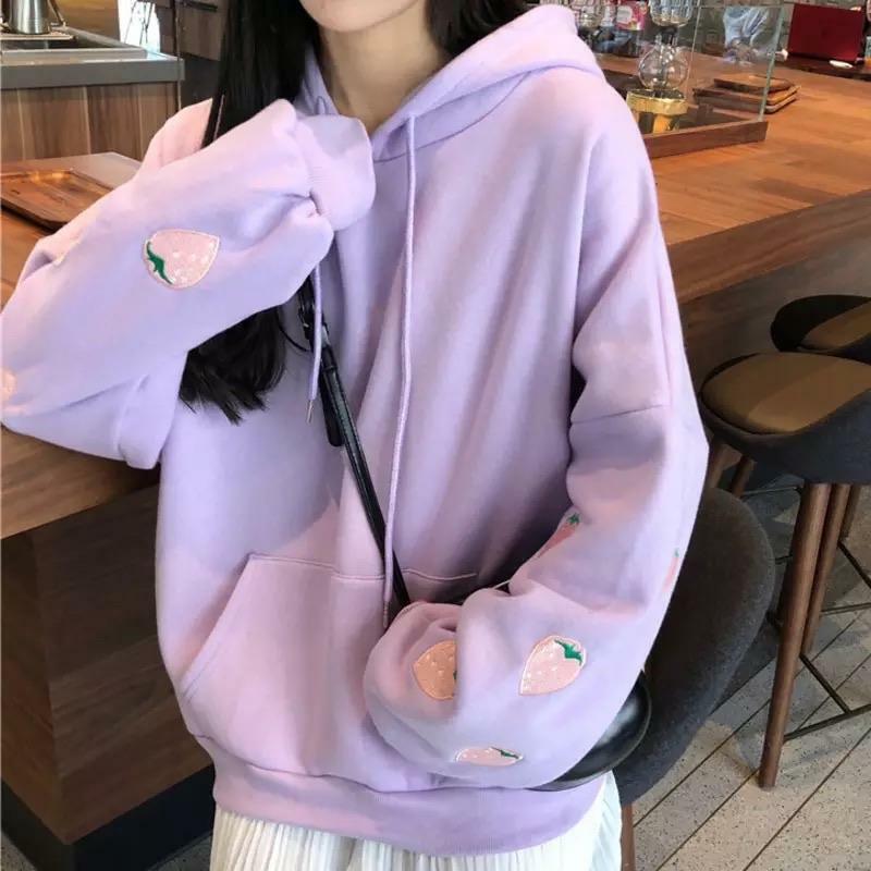 Strawberry Embroidered Hoodie - Y2K Summer, 90s Fashion, Grunge, Retro, Pastel Goth, Y2K