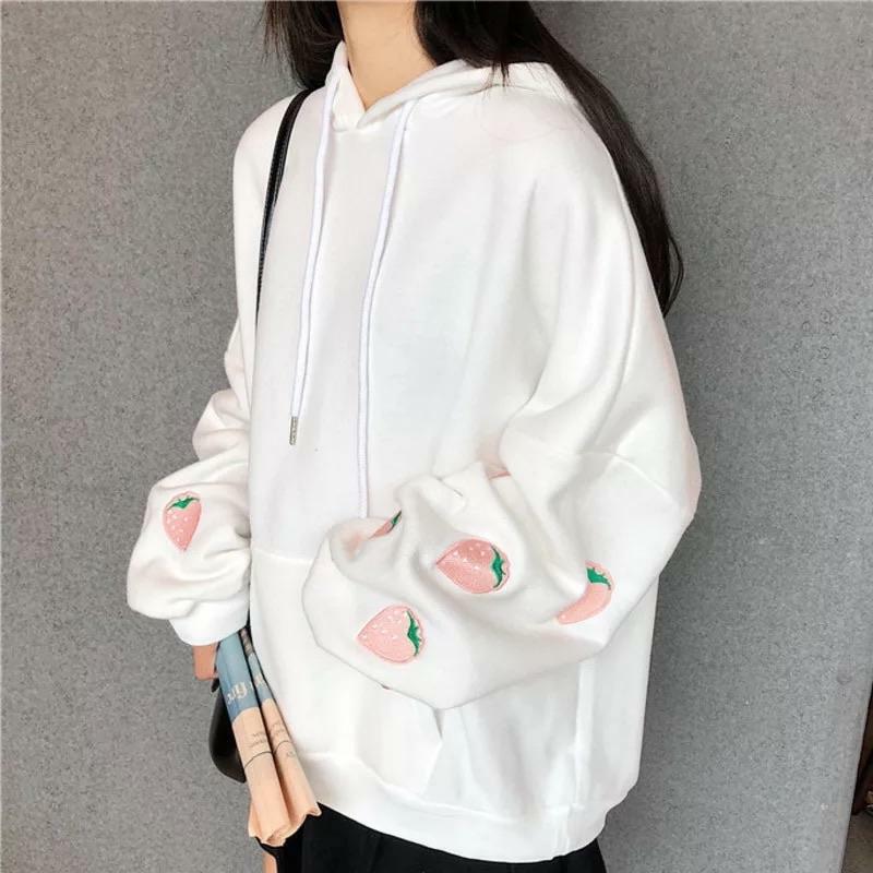 Strawberry Embroidered Hoodie - Y2K Summer, 90s Fashion, Grunge, Retro, Pastel Goth, Y2K