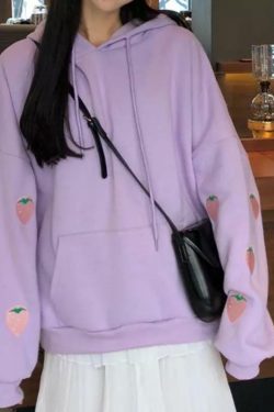 Strawberry Embroidered Hoodie - Y2K Summer, 90s Fashion, Grunge, Retro, Pastel Goth, Y2K