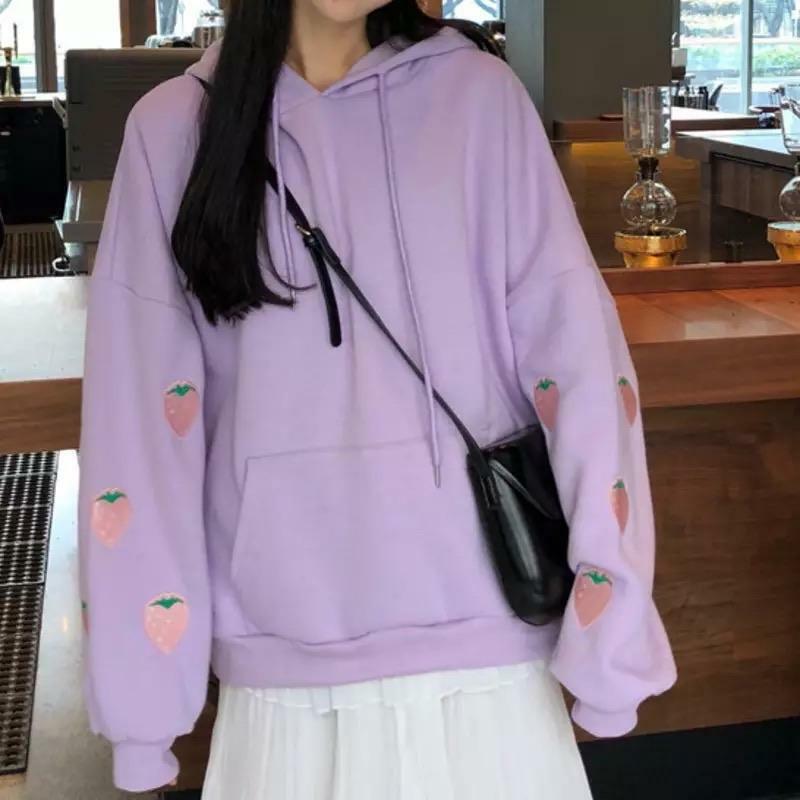Strawberry Embroidered Hoodie - Y2K Summer, 90s Fashion, Grunge, Retro, Pastel Goth, Y2K