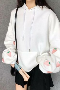 Strawberry Embroidered Hoodie - Y2K Summer, 90s Fashion, Grunge, Retro, Pastel Goth, Y2K