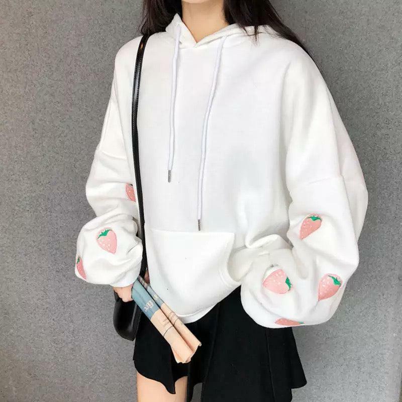 Strawberry Embroidered Hoodie - Y2K Summer, 90s Fashion, Grunge, Retro, Pastel Goth, Y2K