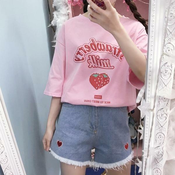 Strawberry Milk Shirt - Y2K Summer Grunge Top, 90s Retro Fashion, Pastel Goth, Y2K Party Outfit