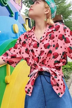 Strawberry Print Button-Up Shirt - Y2K Summer, 90s Fashion, Grunge, Retro, Pastel Goth Outfit