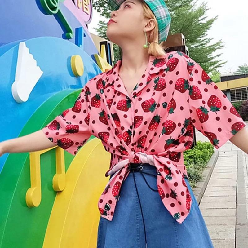 Strawberry Print Button-Up Shirt - Y2K Summer, 90s Fashion, Grunge, Retro, Pastel Goth Outfit