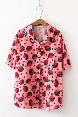 Strawberry Print Button-Up Shirt - Y2K Summer, 90s Fashion, Grunge, Retro, Pastel Goth Outfit